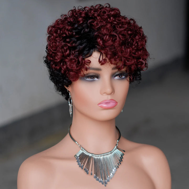Crimson Spiral Pixie – 6” Curly Human Hair Wig with Bangs