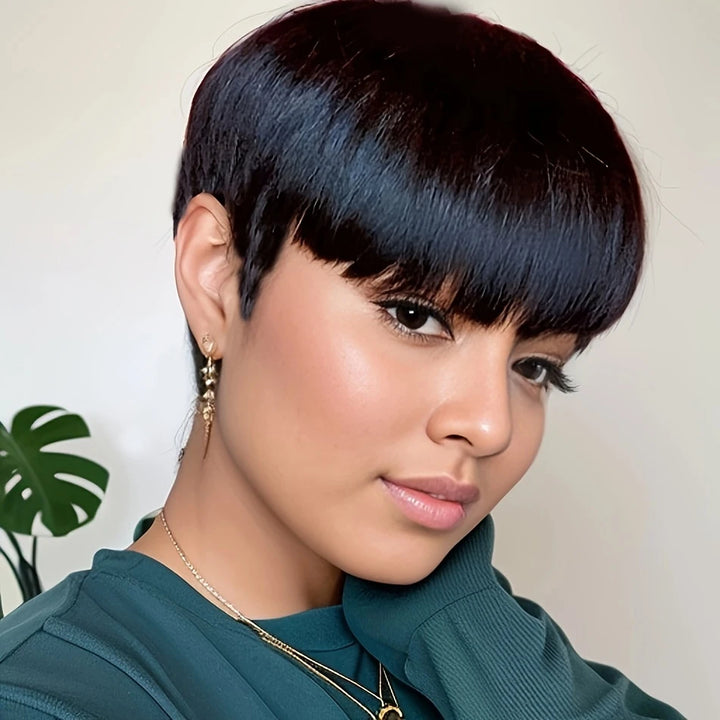Sculpted Grace Pixie – 6” Straight Human Hair Wig in Black, Burgundy, or Brown