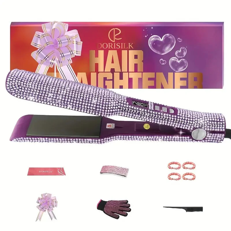 LuxeGleam Titanium Rhinestone Flat Iron – 2" Dual Voltage