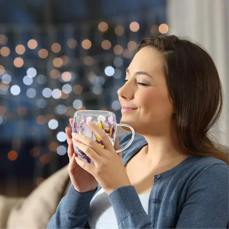 BlossomGlow Double Wall Glass Mug – 350ml Insulated Elegance