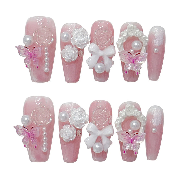 10pcs Gentle Pink False Nails with Pearl & 3D Bow Decor – Ultra-Flexible, Long-Lasting Resin Press-On Nails for Women & Girls