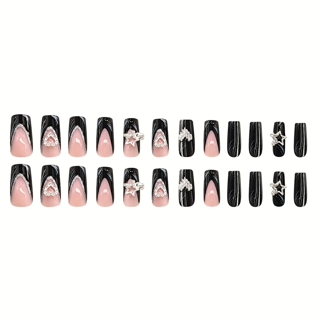 Elegant 24pc Black Glossy French Tips – Square Acrylic Press-On Nails with Glitter & Stripe Design – Includes Jelly Glue & Nail File