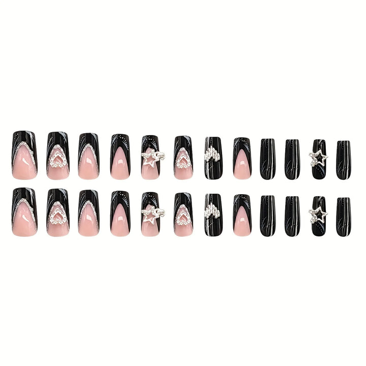 Elegant 24pc Black Glossy French Tips – Square Acrylic Press-On Nails with Glitter & Stripe Design – Includes Jelly Glue & Nail File