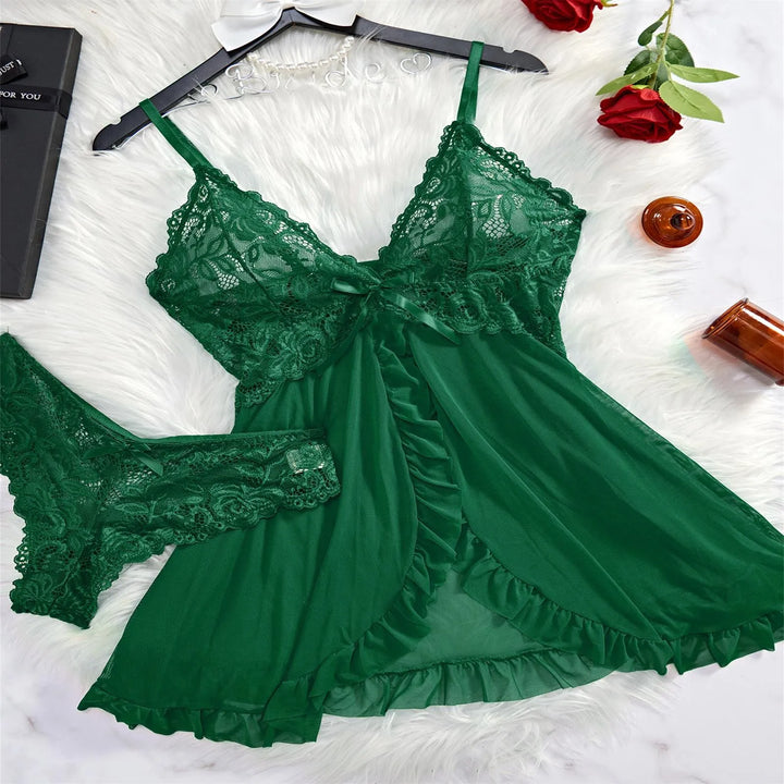 Fashion Sexy Lace Chiffon Mesh Nightdress Lingerie Set – Backless, Breathable & Elegant