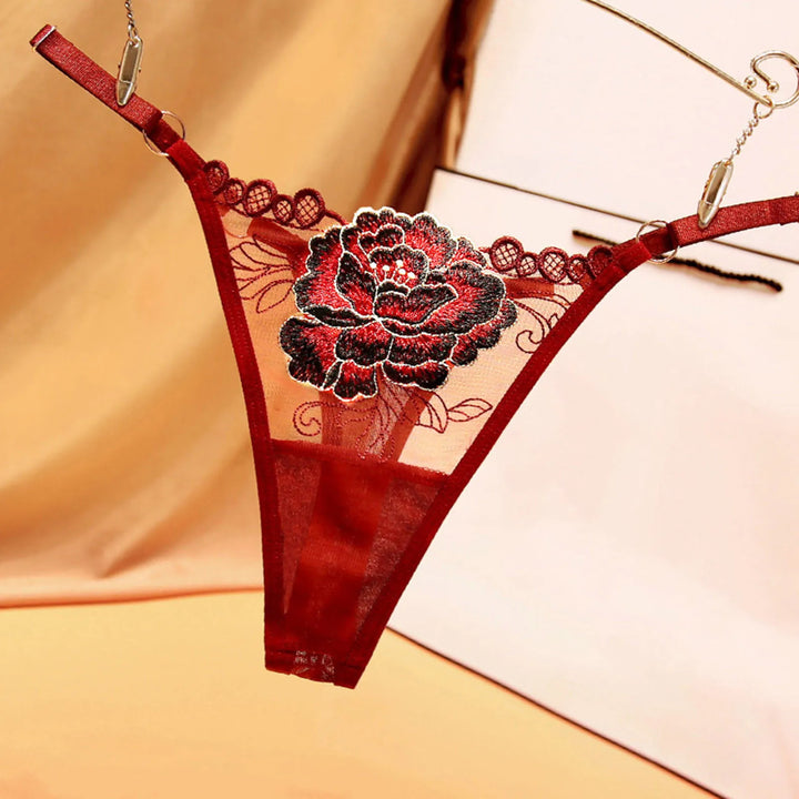 Embroidered Floral Lace Thong – Sexy Low-Waist Cutout Panties for Women