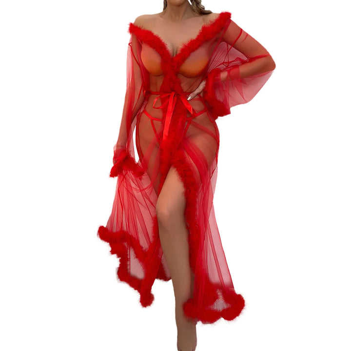 Women Sexy Lace Tulle Robe Sheer Long Robes Bathrobe Underwear Perspective Nightgown Layered Ruffles Bath Robe Gown Sleepwear
