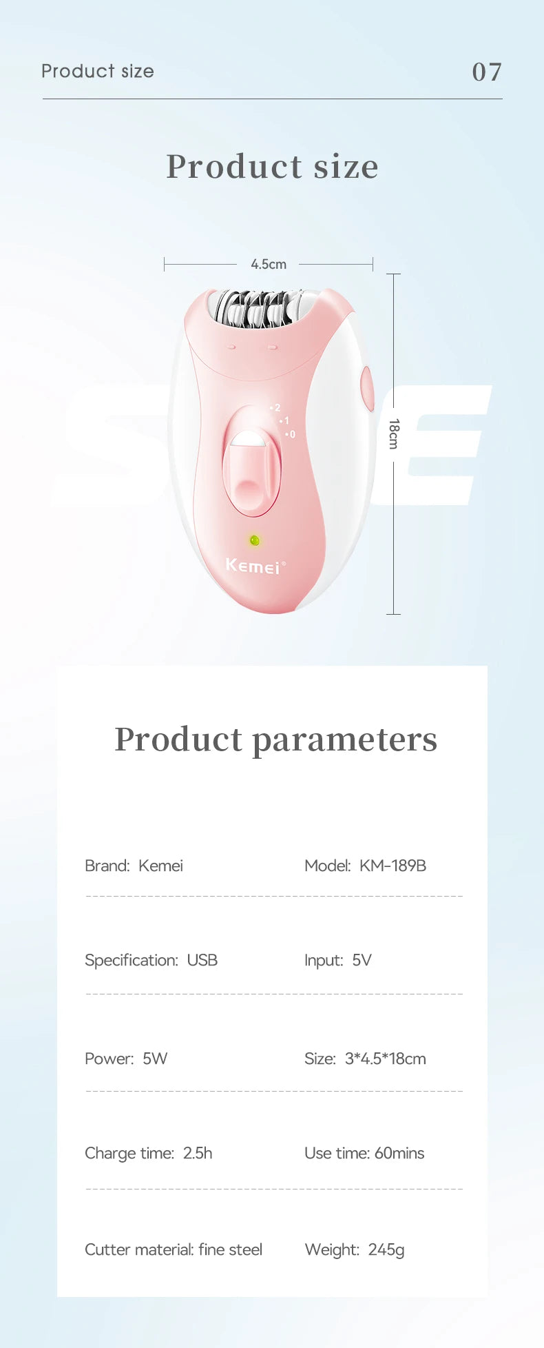 Kemei Women’s Electric Epilator – Rechargeable Hair Removal for Face, Body, Bikini, Legs & Underarms