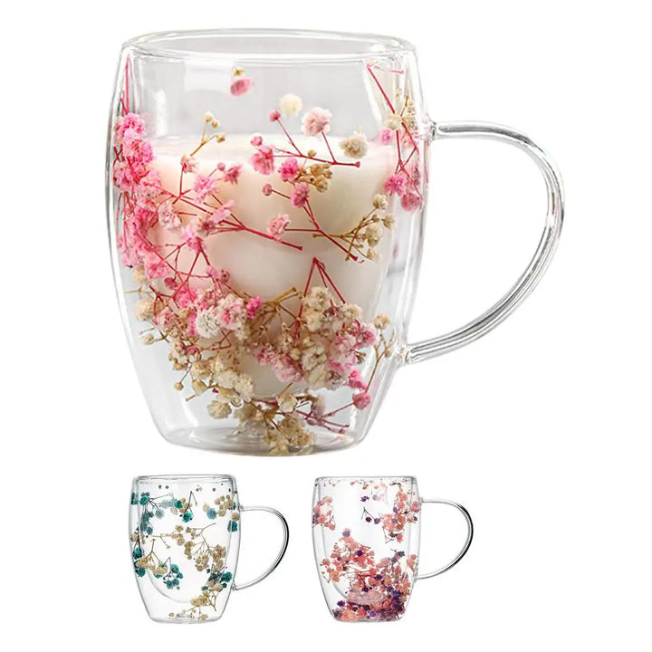 BlossomGlow Double Wall Glass Mug – 350ml Dried Flower Infusion