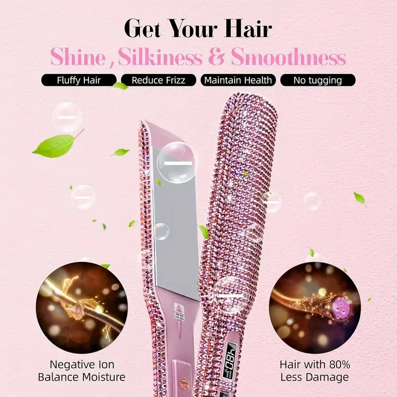 LuxeGleam Titanium Rhinestone Flat Iron – 2" Dual Voltage