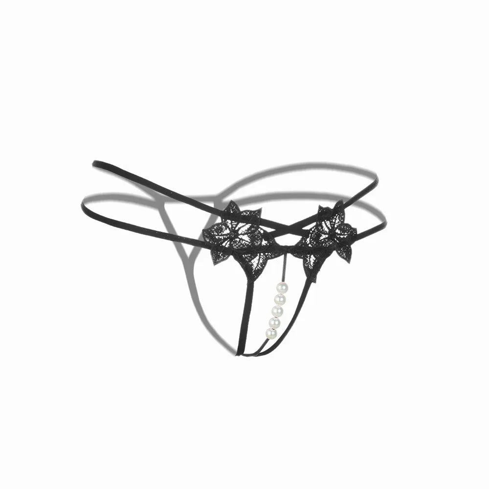 LustLuxe™ Pearl Beaded Crotchless G-String – Erotic Lace Temptation Thong for Women