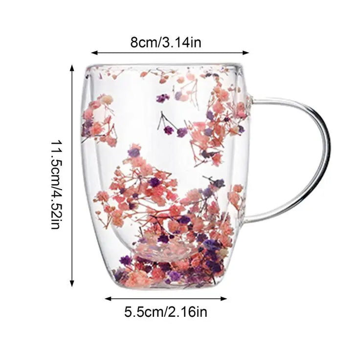 BlossomGlow Double Wall Glass Mug – 350ml Dried Flower Infusion