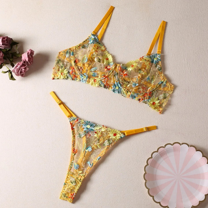 Golden Bloom – Sheer Yellow Flower Embroidered Lingerie Set
