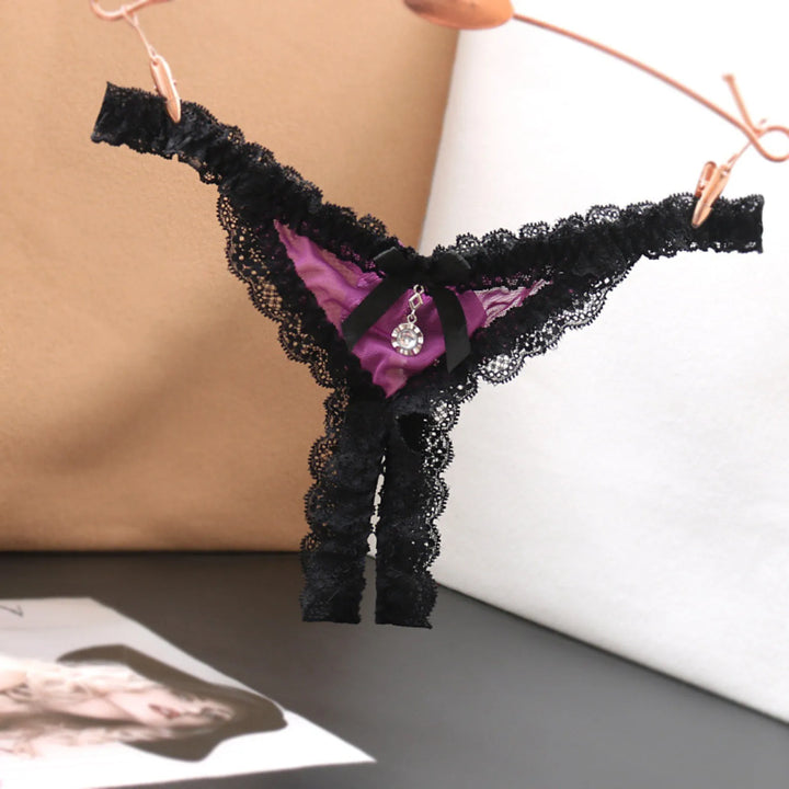 Open Crotch Lace T-Back Thong – Low Waist Crotchless Panty with Pendant Accent