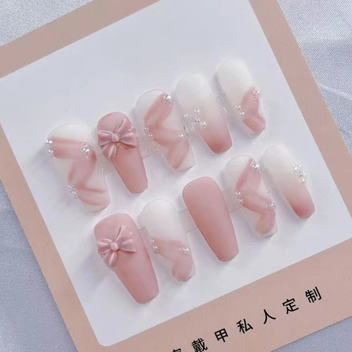 10pcs Gentle Pink False Nails with Pearl & 3D Bow Decor – Ultra-Flexible, Long-Lasting Resin Press-On Nails for Women & Girls