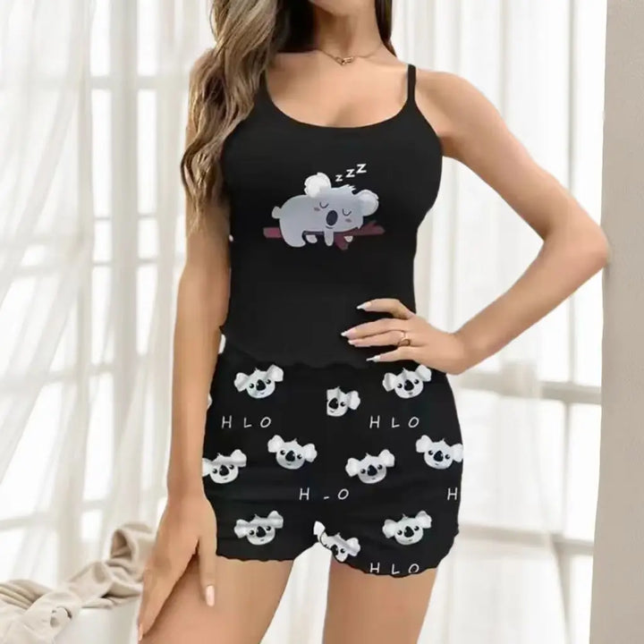 Dreamy Koala™ Pajama Set  Cartoon Print Sports Cami & Shorts Sleepwear