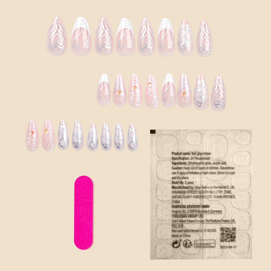 Mid-length French Press-on Nails with Silver Heart Accent – Gentle Pink & White Fade-resistant Artificial Nails – 24pcs