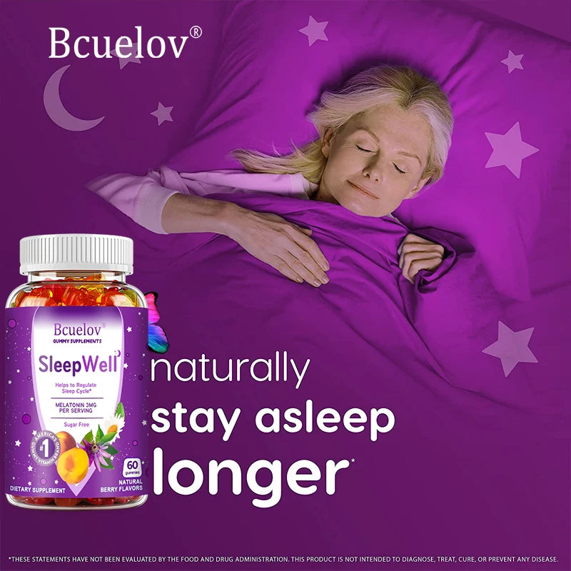 Bcuelov Sleep Gummies – Melatonin, Passionflower, Chamomile & Lemon Extract – Fight Insomnia, Relieve Stress, Support Immunity (60 Gummies)