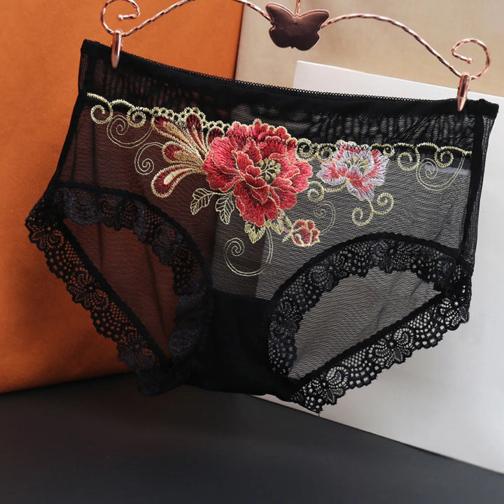 Plus Size Sheer Lace Embroidered Panties – High-Rise Seamless Briefs for Women