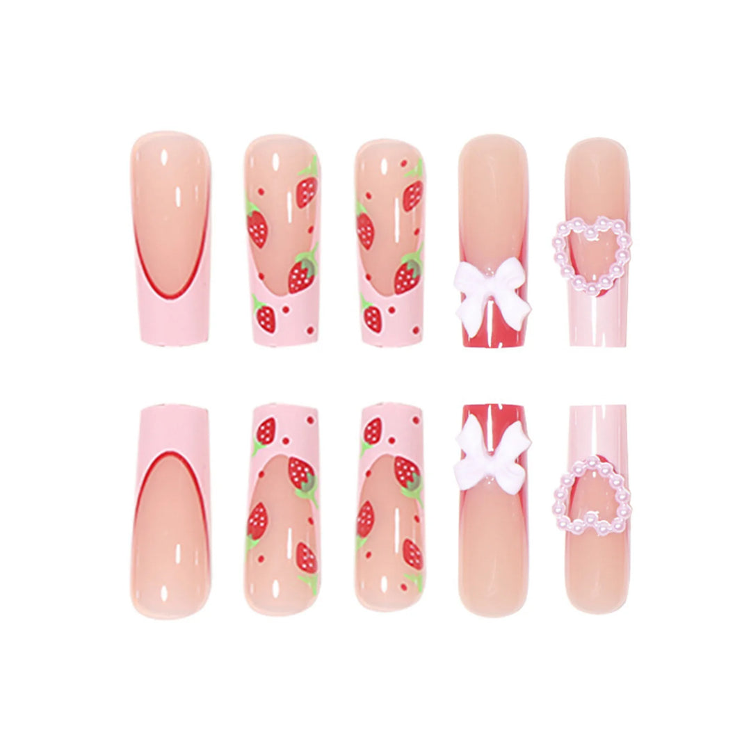 24Pcs Pink Strawberry Press-On Nails – Glossy Reusable False Nails for Women, Artificial Manicure Set