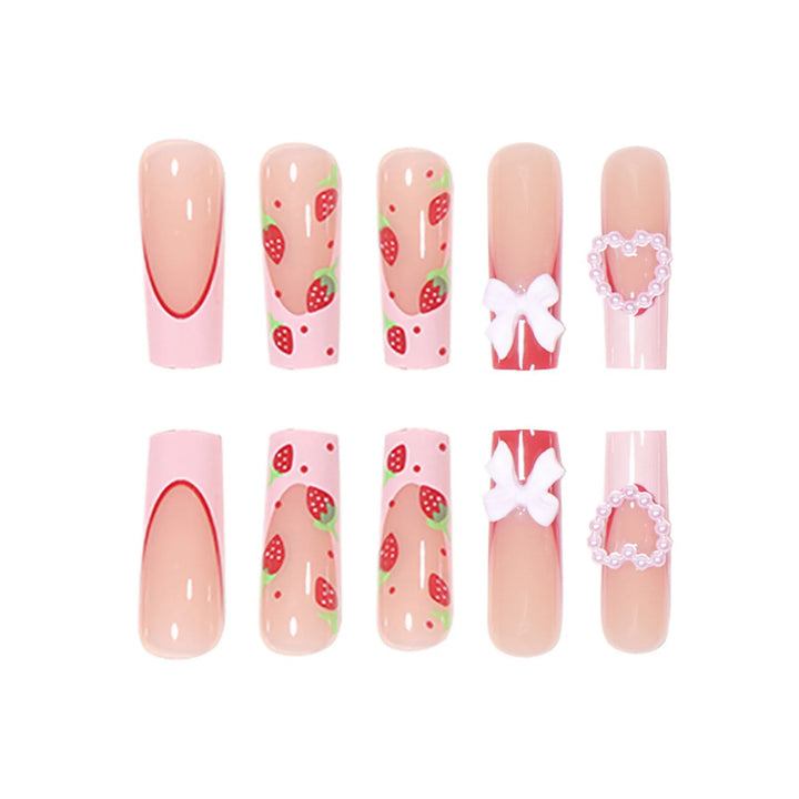 24Pcs Pink Strawberry Press-On Nails – Glossy Reusable False Nails for Women, Artificial Manicure Set