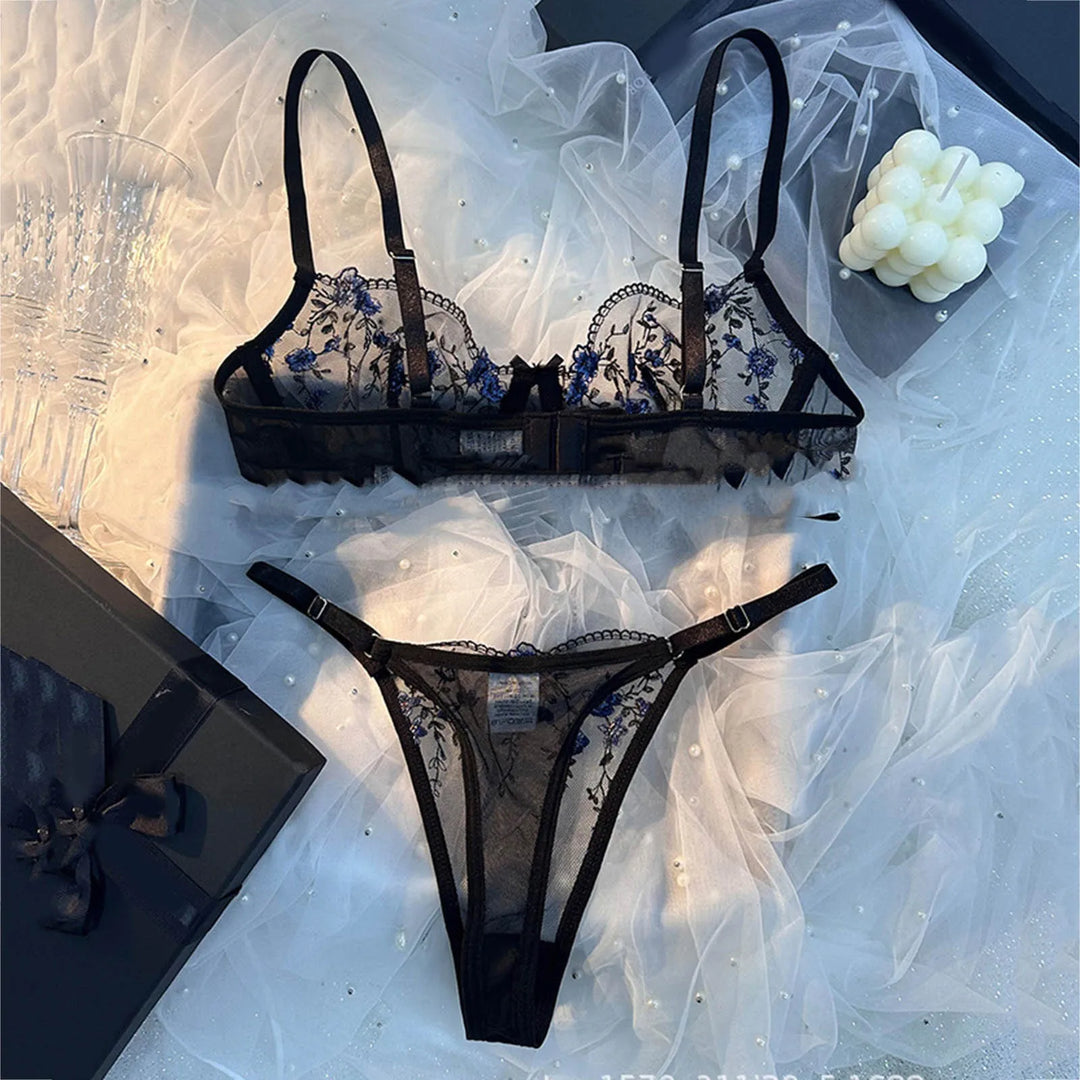 Women’s Elegant Floral Lace Lingerie Set – Sheer Embroidered Mesh Bra & Panty