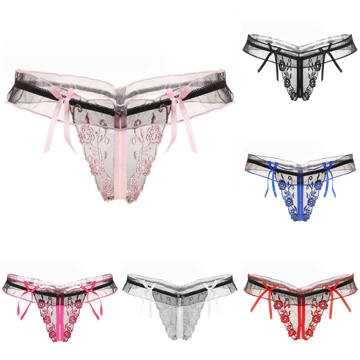 ZOMAXIUJEE Sexy Open Crotch Lace Thong – Embroidered Bow Panties for Women