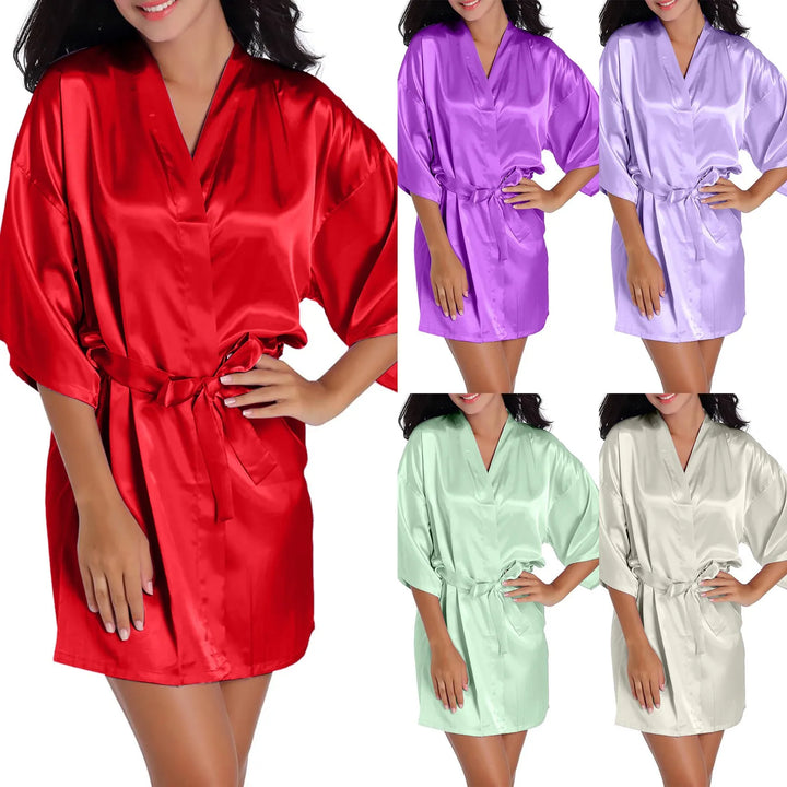 Women Silk Satin Bathrobe Solid Kimono Robe Fashion Bath Robes Sleepwear Wedding Bride Bridesmaid Kimono Robe Ladies Pajamas