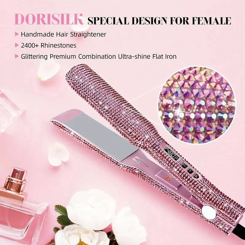 LuxeGleam Titanium Rhinestone Flat Iron – 2" Dual Voltage