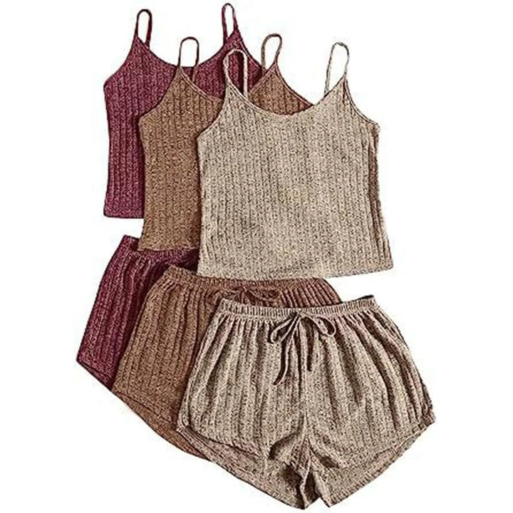 DreamEase™ 3-Piece Ribbed Pajama Set – Crop Top, Tie-Front Shorts & Lounge Pants