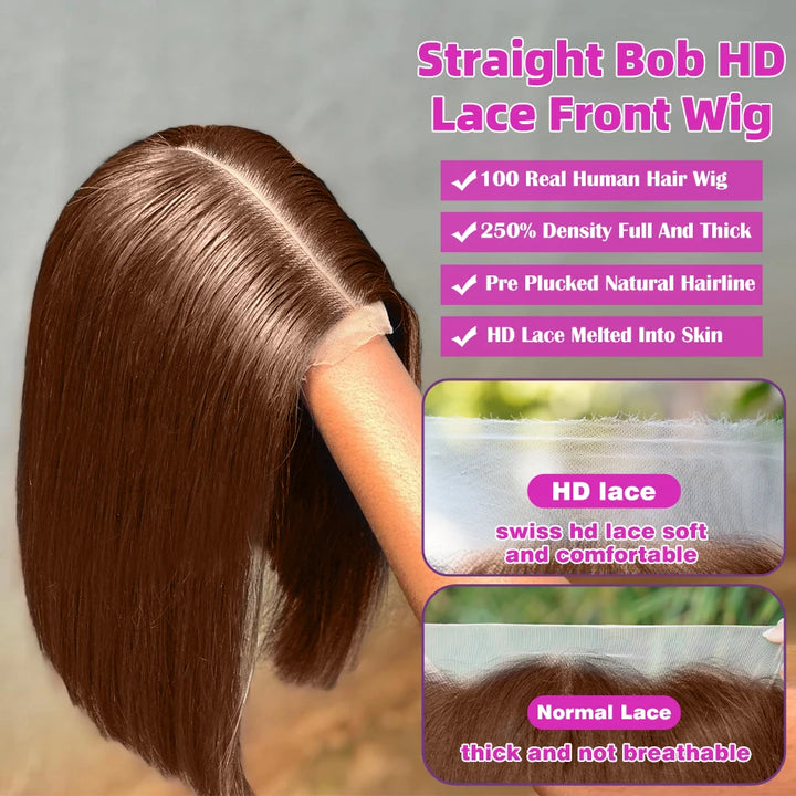 Luxe Volume Bob – Chocolate Brown HD Lace Wig, 250% Density