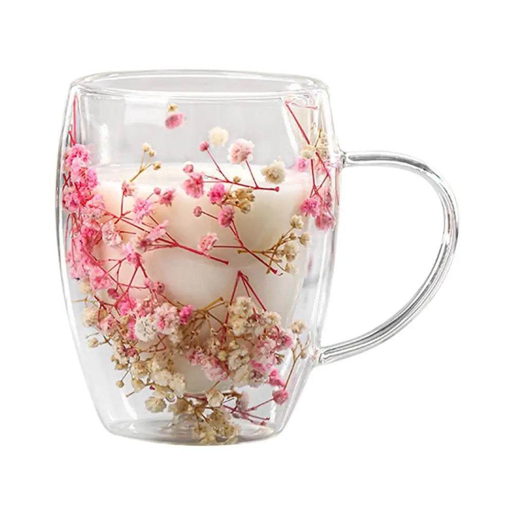BlossomGlow Double Wall Glass Mug – 350ml Dried Flower Infusion