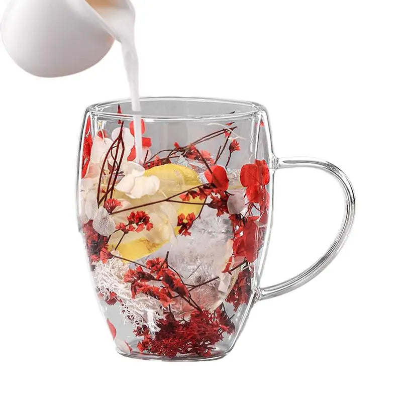 BlossomGlow Double Wall Glass Mug – 350ml Insulated Elegance