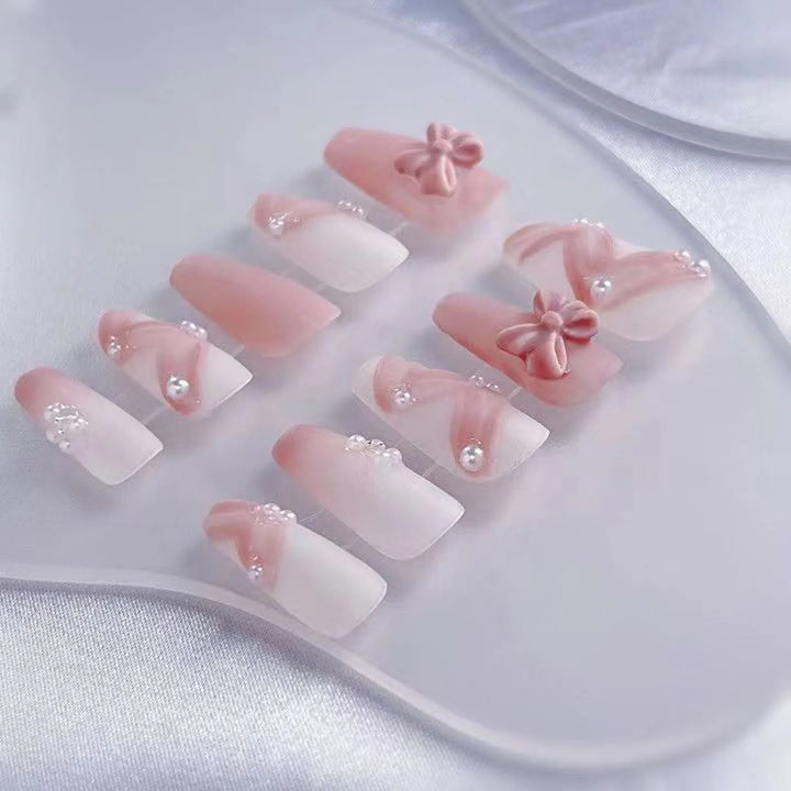 10pcs Gentle Pink False Nails with Pearl & 3D Bow Decor – Ultra-Flexible, Long-Lasting Resin Press-On Nails for Women & Girls