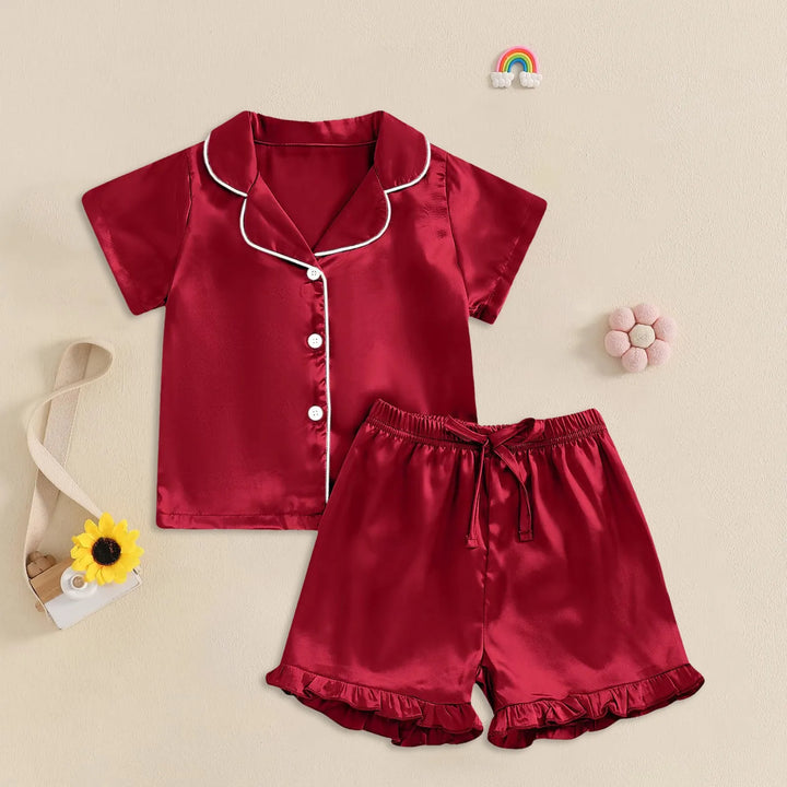FeatherDreams™ Toddler Satin Pajama Set – Short Sleeve with Feather Trim  For Ages 1–13 Years | Lightweight, Silky & Adorable