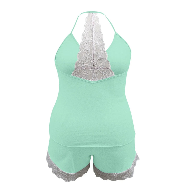 Plus Size Women’s Pajama Set – Lace Trim Sleeveless Top & Shorts 2-Piece Sleepwear for Summer