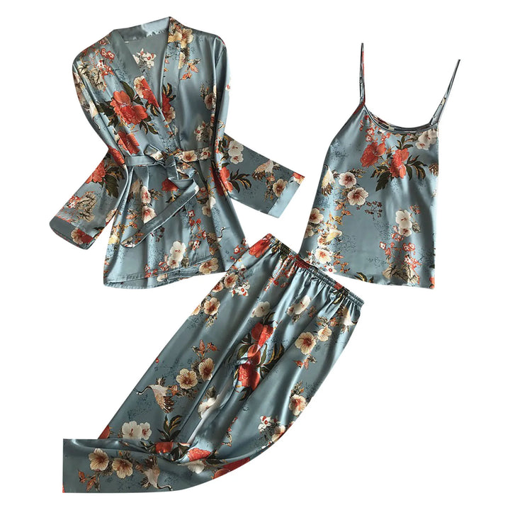 Romantic Lingeries And Robe Women'S Floral Print Homewear Nightdress Soft Ice Silk Sleepwear Three Piece Suit Lace Pajamas Set