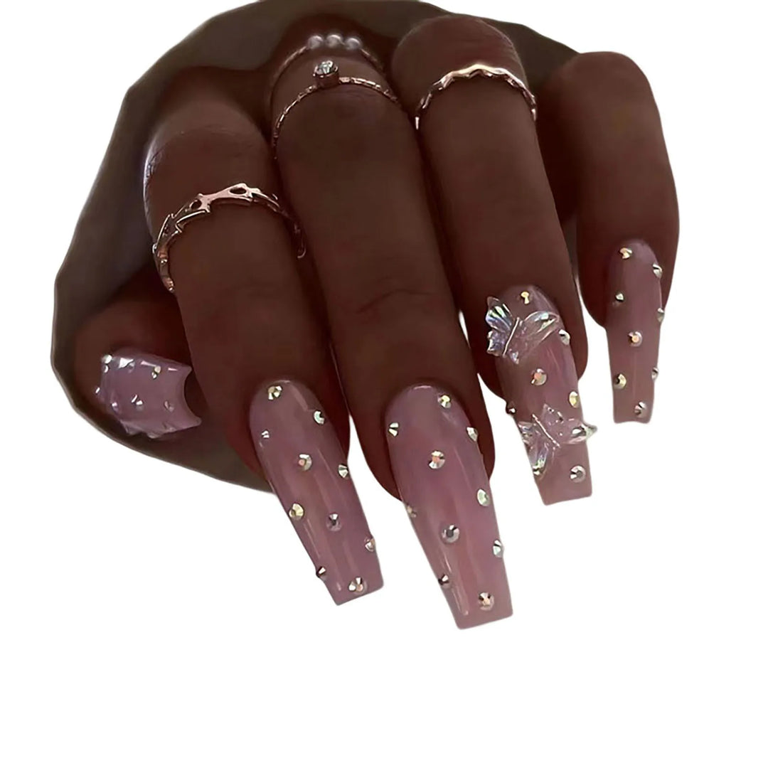 24pcs Long Ballerina Glossy Press-On Nails – Rhinestone & 3D Butterfly Design, Reusable Resin False Nails for Women