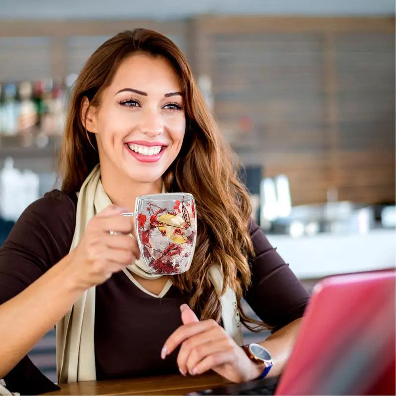 BlossomGlow Double Wall Glass Mug – 350ml Insulated Elegance