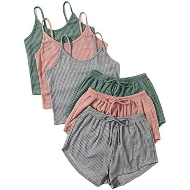 DreamEase™ 3-Piece Ribbed Pajama Set – Crop Top, Tie-Front Shorts & Lounge Pants