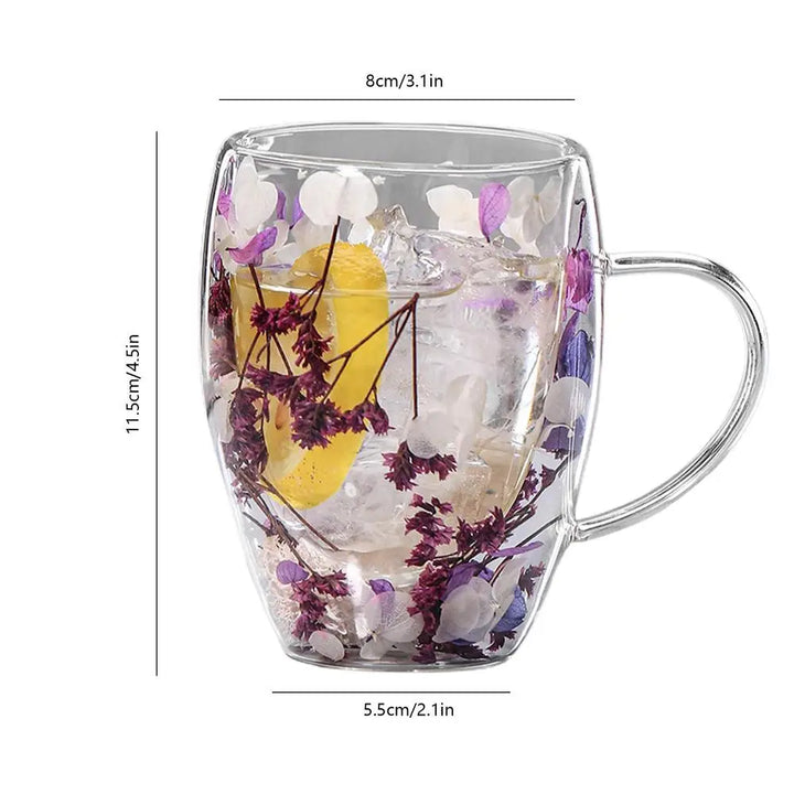 BlossomGlow Double Wall Glass Mug – 350ml Insulated Elegance