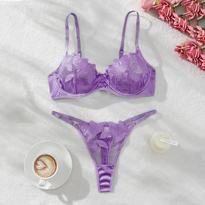 2-Piece Embroidered Lace Lingerie Set – Satin & Mesh Elegance