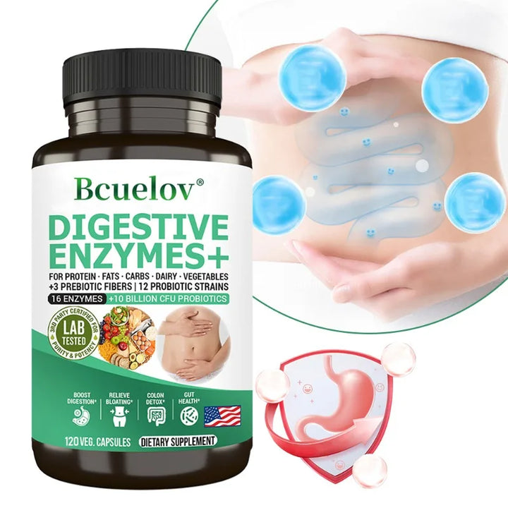 Bcuelov Probiotics + Prebiotics & Digestive Enzymes – Gut Health, Gas Relief & Nutrient Absorption (120 Capsules)
