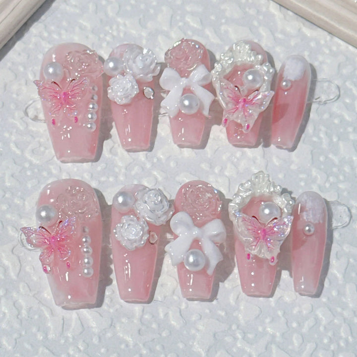 10pcs Gentle Pink False Nails with Pearl & 3D Bow Decor – Ultra-Flexible, Long-Lasting Resin Press-On Nails for Women & Girls