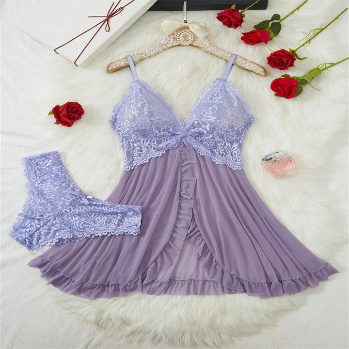 Fashion Sexy Lace Chiffon Mesh Nightdress Lingerie Set – Backless, Breathable & Elegant