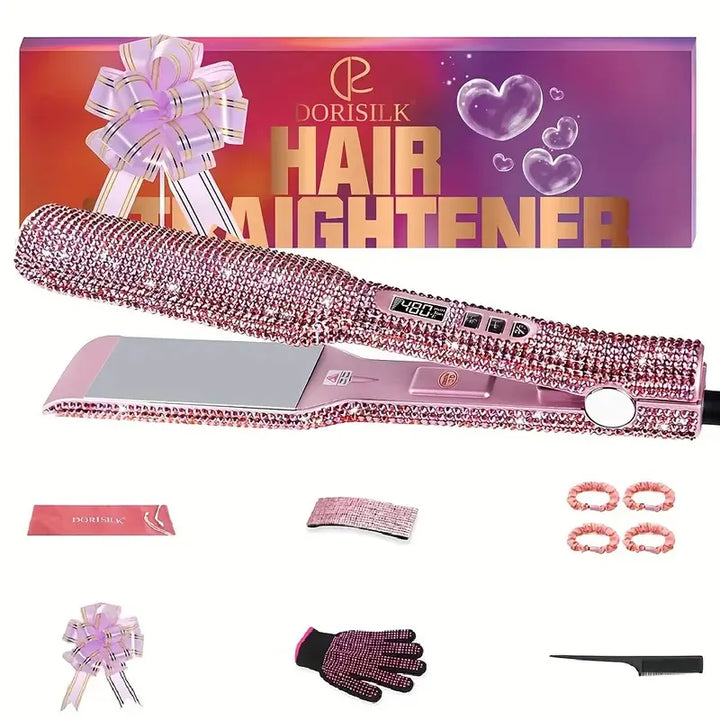 LuxeGleam Titanium Rhinestone Flat Iron – 2" Dual Voltage