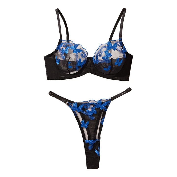 Seductive Black & Blue Embroidered Lingerie Set – Bowknot Detail, Sheer Elegance