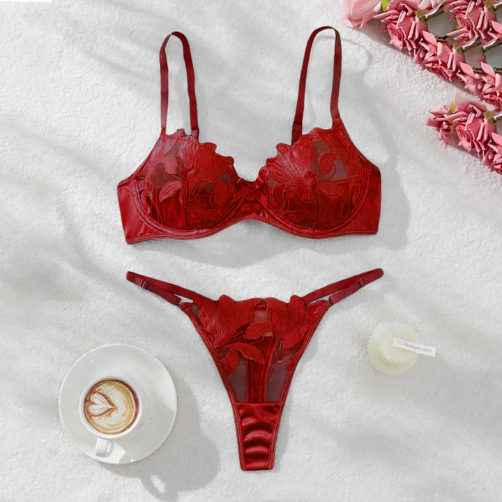 2-Piece Embroidered Lace Lingerie Set – Satin & Mesh Elegance