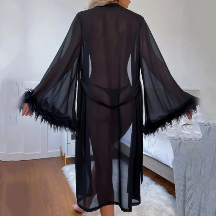 New Summer Women's Robes Simulation Silk Feather Long Long-Sleeved Pajamas Nightgown Robe Comfortable Straps Women's Homewear