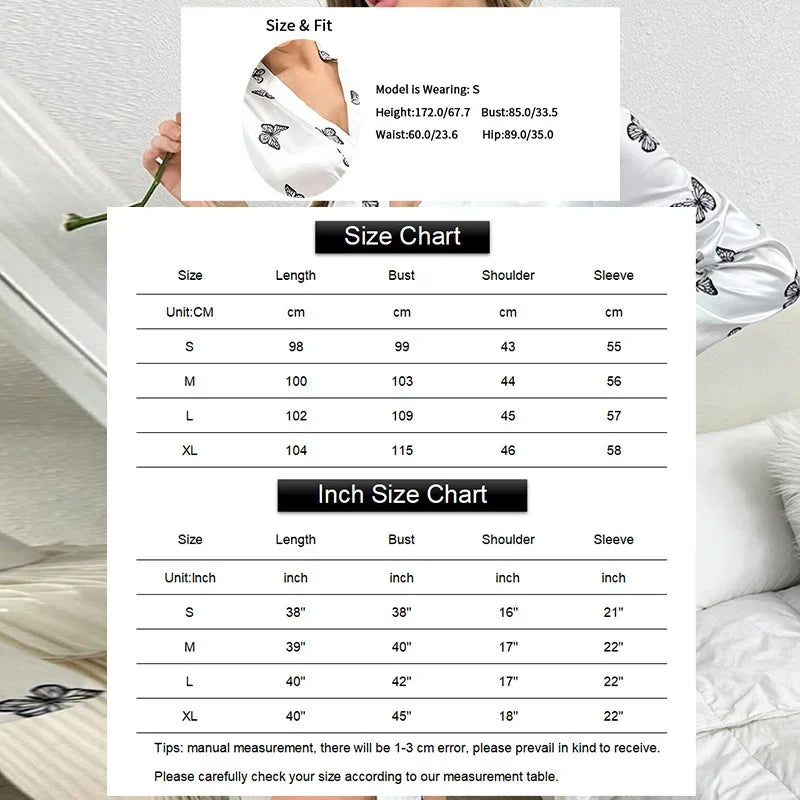 Women's Satin Nightdress Kimono Robes Bathrobes Sexy Sleepwear V Neck Long Sleeve Pajamas Loose Nightgowns Nightie Pyjama Female