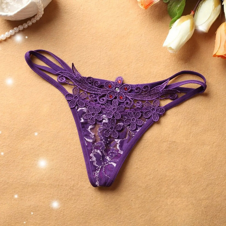 Floral Embroidered Lace G-String – Strappy Low-Waist Hipster Thong for Women